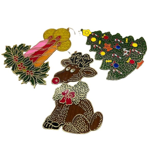 Christmas Sun Catchers Plastic Set of 3 Rudolph Candles Tree - Picture 1 of 7